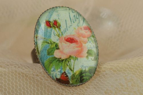 Handmade jewelry ring with metal basis and rose image coated with glass glaze - MADEheart.com