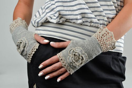 Mitaines tricot fait main Gants mitaines laine lin gris Accessoire femme - MADEheart.com