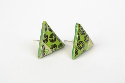 Unusual handmade jewelry glaze stud earrings with patterns of lime color - MADEheart.com