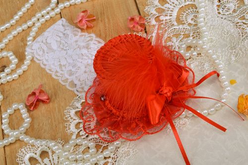 Handmade decorative white lacy headband with red satin top hat with feathers - MADEheart.com
