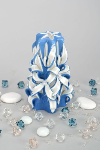 White and blue carved candle - MADEheart.com