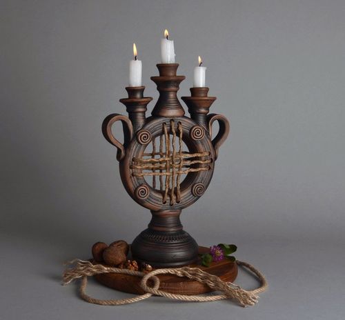Candelabro marrone in ceramica a tre candele fatto a mano decorazioni di casa  - MADEheart.com