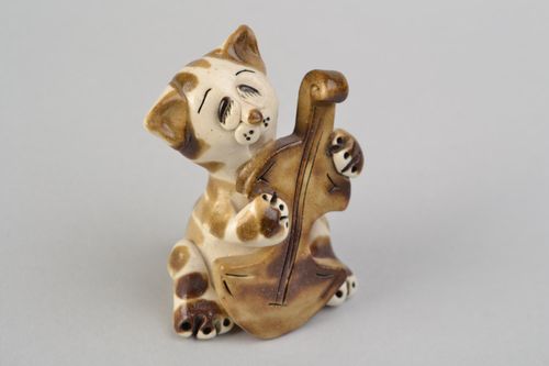 Handmade decorative clay figurine brown cat with contrabass interior decor ideas - MADEheart.com