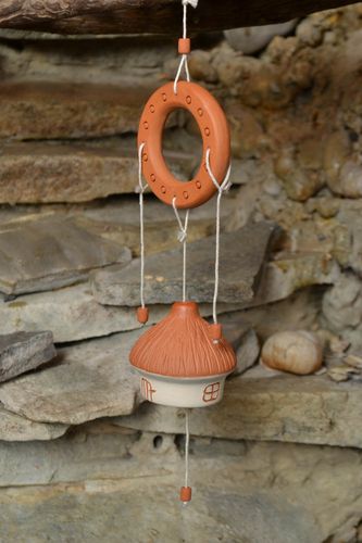 Designer handmade ceramic bell painted with engobes  clay house wall pendant - MADEheart.com