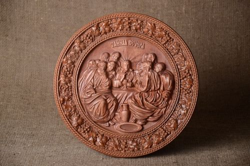 Icône religieuse Tableau fait main rond en bois Cène Décoration maison - MADEheart.com
