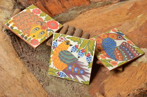 Set of 3 handmade ceramic tiles painted with engobes eco friendly wall panels - MADEheart.com