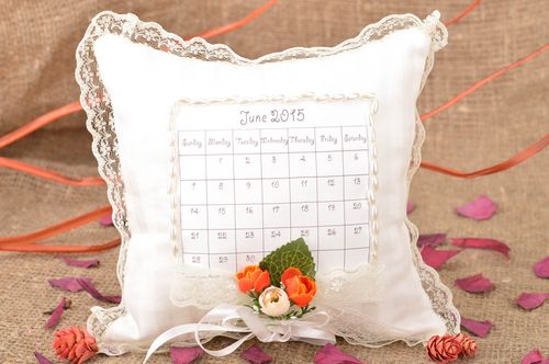Handmade designer ring pillow sewn of cotton fabric with calendar and lace - MADEheart.com