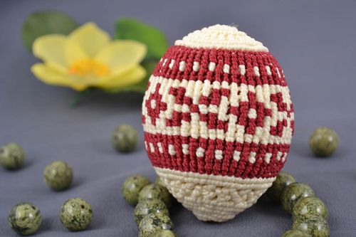 Designer decorative macrame woven Easter egg with ornament and wooden basis - MADEheart.com