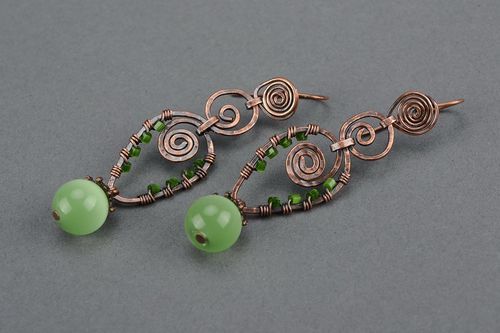 Copper earrings with cats eye, wire wrap - MADEheart.com