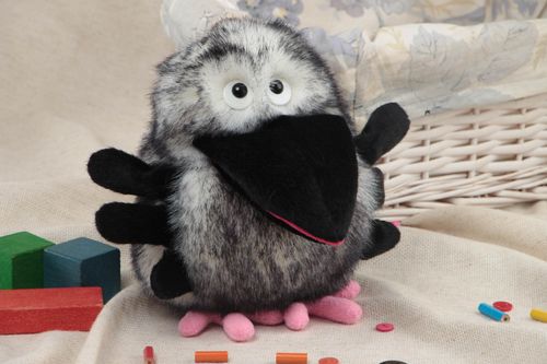 Handmade soft glove toy sewn of gray faux fur Crow for home puppet theater - MADEheart.com