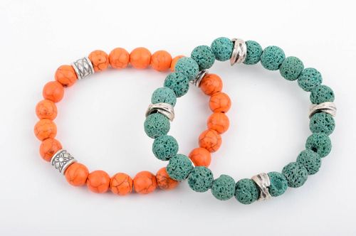 Набор браслетов из натуральных камней ручной работы 2 штуки зеленый и оранжевый  - MADEheart.com