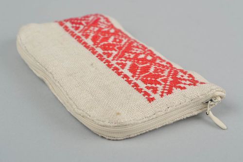 Handmade designer hemp fabric phone case with red cross stitch embroidery - MADEheart.com