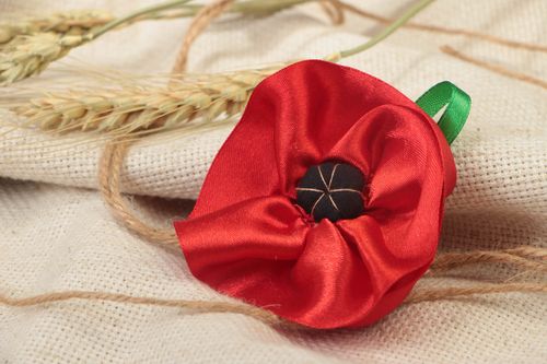Textile brooch made of satin fabric with red poppy handmade summer accessory - MADEheart.com