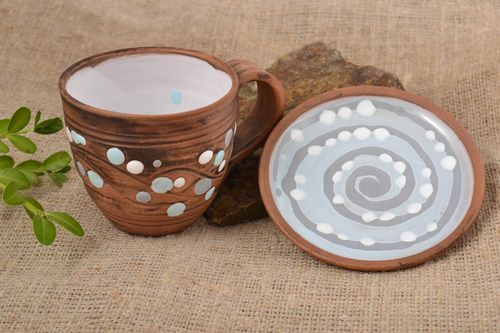 4 oz ceramic morning coffee clay glazed cup with saucer and candle with yellow-white pattern 0,6 lb - MADEheart.com