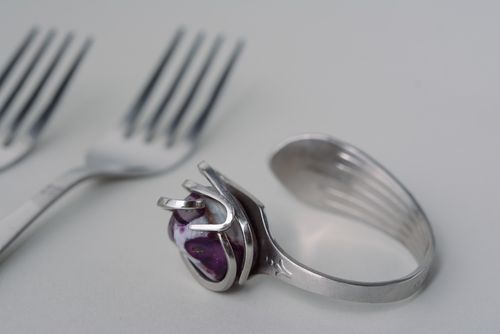 Handmade metal fork wrist bracelet with stone - MADEheart.com