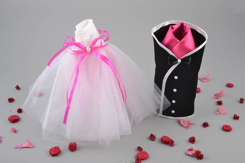 Handmade designer wedding champagne bottle covers costumes for groom and bride  - MADEheart.com