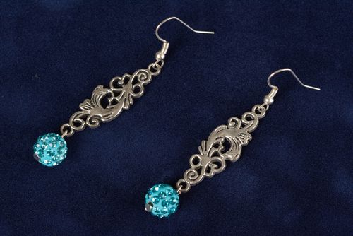 Handmade designer lacy metal dangle earrings with blue beads with rhinestones - MADEheart.com