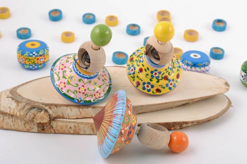 Set of 3 handmade wooden eco painted bright spinning top toys for children - MADEheart.com