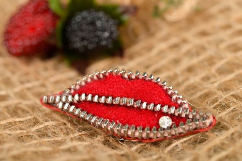 Handmade brooch lips designer accessory textile red  leather zipper brooch - MADEheart.com