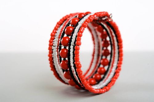 Wide handmade ethnic beaded bracelet with multiple rows with coral stones for women - MADEheart.com