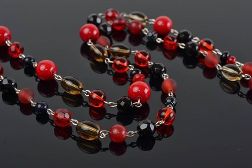 Handmade long womens necklace with natural stone and glass beads red and black - MADEheart.com