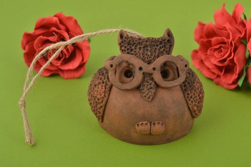Handmade clay bell in shape of owl wall pendant on lace - MADEheart.com