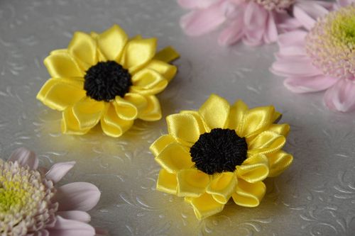 Set of 2 decorative hair clips with handmade yellow satin ribbon kanzashi flower - MADEheart.com