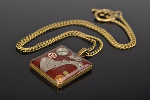 Handmade square neck pendant with epoxy resin in steampunk style on long chain  - MADEheart.com