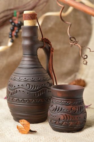 Beautiful brown handmade designer clay bottle and glass drinkware set 2 pieces - MADEheart.com