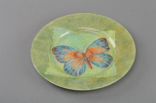 Assiette décorative en verre ronde verte faite main en serviettage Papillon - MADEheart.com