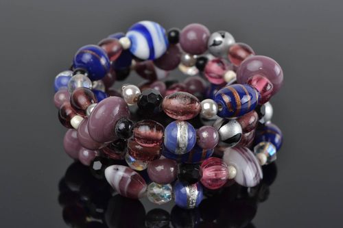 Handmade multi row wrist bracelet with glass beads in blue and violet colors - MADEheart.com