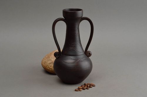 8 inches handmade dark brown wine amphora vase with tqo handles 1 lb - MADEheart.com