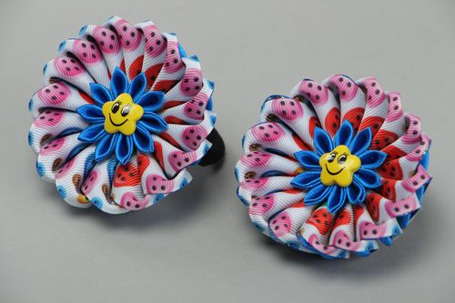Set of colorful handmade hair ties with kanzashi flowers for little girls 2 items - MADEheart.com