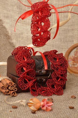 Set of handmade red bead woven jewelry 2 items wrist bracelet and necklace - MADEheart.com