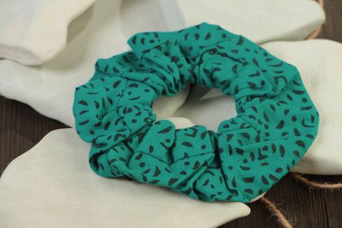 Handmade decorative fabric elastic band of turquoise color with black spots - MADEheart.com