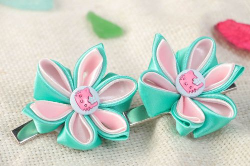 Handmade kanzashi satin ribbon flower hair clips set 2 pieces - MADEheart.com