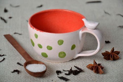 Large coffee 8 oz cup with handle and white, orange, and lime dots pattern - MADEheart.com
