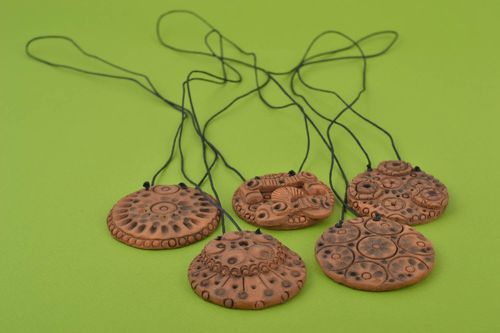 Set of handmade stylish clay pendants of round shape in ethnic style 5 pieces - MADEheart.com