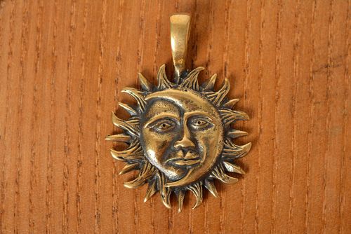 Unisex handmade designer neck pendant cast of bronze Moon and Sun - MADEheart.com
