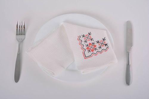 Handmade white cotton fabric with ethnic machine embroidery red and black  - MADEheart.com