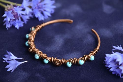 Thin handmade designer wire wrap copper wrist bracelet with turquoise beads - MADEheart.com