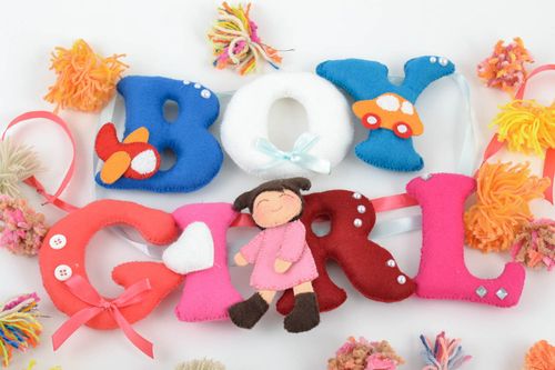 Set of 2 handmade decorative bright felt fabric soft toy letterings GIRL BOY - MADEheart.com