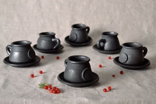 Set of 6 (six) black smoked clay 2 oz espresso coffee cups with handles and saucers  - MADEheart.com