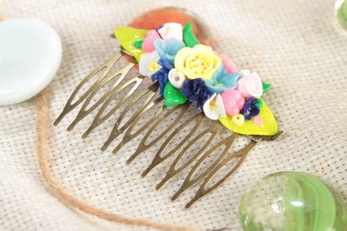 Handmade decorative hair comb with small colorful volume polymer clay flowers - MADEheart.com
