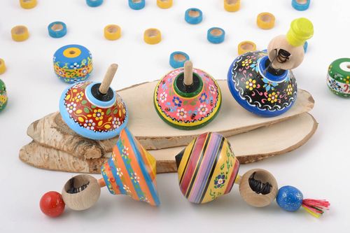 Handmade painted wooden toys set 5 pieces spinning tops - MADEheart.com