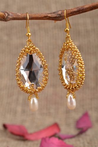 Handmade golden large massive dangle drop earrings with beads and crystals - MADEheart.com