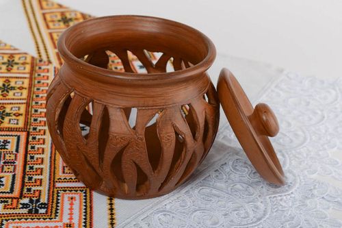 Brown handmade designer large terracotta clay aroma lamp with lid - MADEheart.com