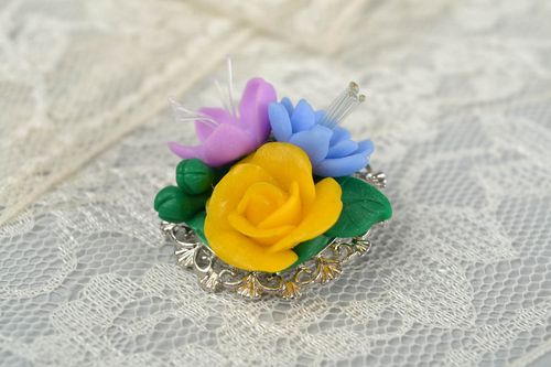Beautiful colorful handmade designer polymer clay flower brooch small - MADEheart.com