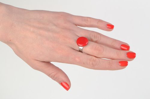 Handmade laconic round red ring with metal basis of adjustable size for women - MADEheart.com