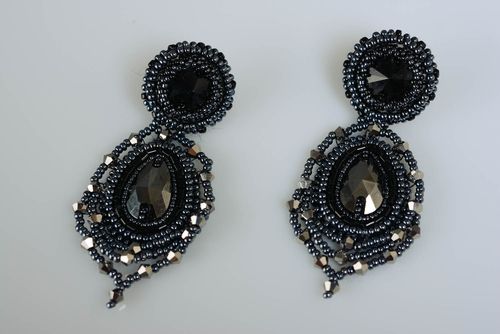 Handmade black evening beaded earrings with natural hematite stone stylish jewelry - MADEheart.com